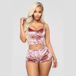 Fashion New Women Sexy Velvet Pajamas Sets Ladies Lace V-Neck Crop Tops Shorts 2Pcs Sleepwear <b>Lingerie</b> Nightwear - Product Image 4