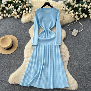 Traje de dos piezas para mujer, Vestido de punto de encaje de manga larga con cuentas, cintura con cinturón, suéter calado, Túnica, chándal de dos piezas - Product Image 2