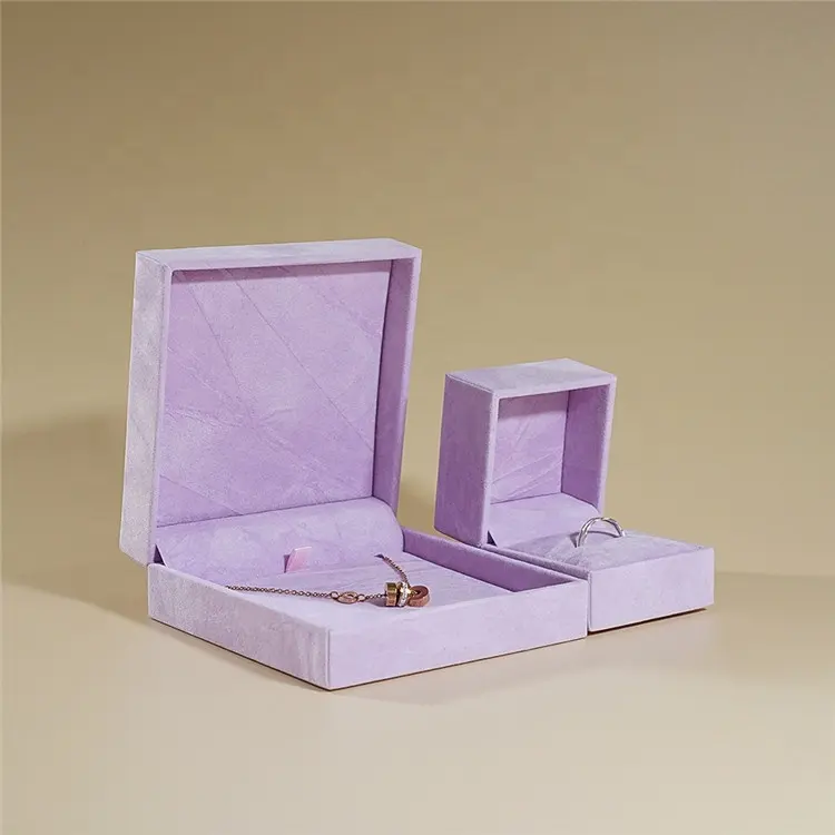 China manufacturer custom luxury purple velvet plastic jewelry gift packaging box for necklace pendant engagement ring