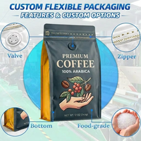 Sacs en papier kraft réutilisables imprimés sur mesure, 4 oz, 1 kg, fond plat, emballage en plastique, sacs pour grains de café avec fenêtre, valve et fermeture éclair