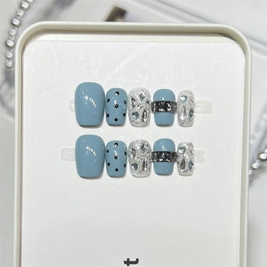 <span class=keywords><strong>Uñas</strong></span> Postizas Acrílicas <span class=keywords><strong>Cortas</strong></span> Azules Brillantes de Alta Calidad Hechas a Mano al por Mayor - Product Image 2