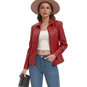 Chaqueta de Moto para Mujer, Personalizable, de Cuero PU Rojo, Tejida, para Exteriores, con Cierre de Cremallera, Cuello Camisero, Estilo Otoñal - Product Image 1