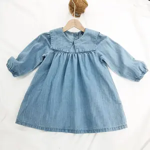Cute Cotton Long Sleeve Lapel Kids Girls Denim Dress 2023 Solid Color Full Children Summer Blue Great Printed Autumn Formal 1000