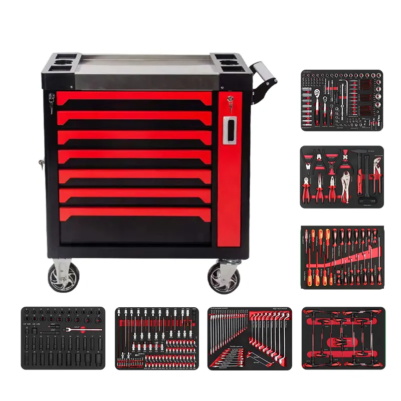 Caja de herramientas de alta calidad, armario con ruedas, 298 Uds., armario de herramientas de Metal, garaje con herramientas manuales de taller