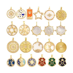 Compass Shining Sun Moon Star Shell Charm Pendant,18K Plated Gold Inlaid Cubic Zirconia Jewelry Necklace Bracelet Supplies L43