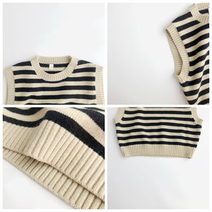 Tricot de coton d'automne pour enfants, gilet rayé sans manches pour garçons et filles, nouveau <span class=keywords><strong>pull</strong></span> en coton à col en V - Product Image 2