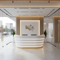 Comptoir de réception moderne personnalisé en Corian avec design rond/courbé, bande lumineuse LED, logo personnalisé pour hôtels et hôpitaux