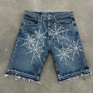Custom Gothic Punk Spider Web <b>Embroidered</b> Men's Denim Shorts Distressed Raw Hem <b>Jean</b> Shorts Summer Streetwear Baggy Jorts - Product Image 1