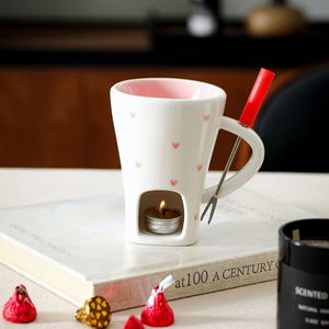 Cute Heart Chocolate Fondue Mug Butter Heating <b>Cup</b> <b>Ceramic</b> Chocolate Melting <b>Cup</b> Set with Fork - Product Image 4