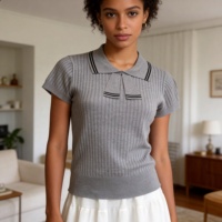 Soldes : Pull en maille taille unique, style preppy, col rabattu, col à nœud, léger et tendance, modèle trois-quarts