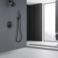 Système de douche à tête de pluie ronde noir mat, avec robinet carré arrondi, douchette à main carrée, système de douche à effet pluie et robinet de douche