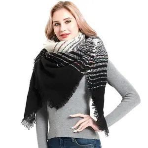 Europe and the United States wind autumn and winter new gradient checkered black bristle square scarf scarf women's shawl
