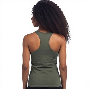 Olive Green Women <b>Collarless</b> Tank Top Sleeveless Fitted Sporty Front Logo Printed Casual Workout <b>Shirt</b> - Product Image 3
