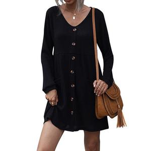 Maßgeschneidertes V-Ausschnitt-Knopfleisten-Skaterkleid Elegantes Frühlings-Casual-Midikleid für Partys Langärmliges Herbst-Damenkleid mit Taschen - Product Image 1