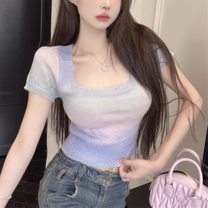 IWI046 Maglione Estivo da <span class=keywords><strong>Donna</strong></span> Personalizzato, Stile Retrò a Righe, Traspirante, Antirughe, Lavorato a Maglia, Scollo Quadrato Scollato, Manica Corta, Casual - Product Image 2