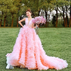 Pink Ball Gown Wedding Dress Sweetheart Neckline Tulle Fabric Natural Waistline Trailing Skirt Candy Color Style - Product Image 1