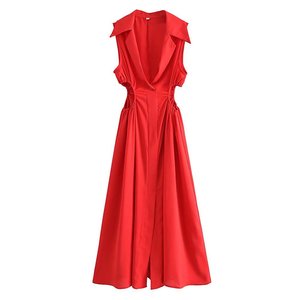 R40578S abito da altalena <span class=keywords><strong>grande</strong></span> colletto aperto in vita tinta unita moda donna all'ingrosso - Product Image 2
