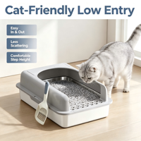 Litière pour chat de luxe semi-fermée extra-large, écologique, facile à nettoyer, gris clair argenté en acier inoxydable