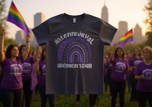 Maglietta per la Giornata Internazionale della Donna, design arcobaleno viola, per donna, t-shirt casual con scollo rotondo, abbigliamento primaverile ed estivo - Product Image 2