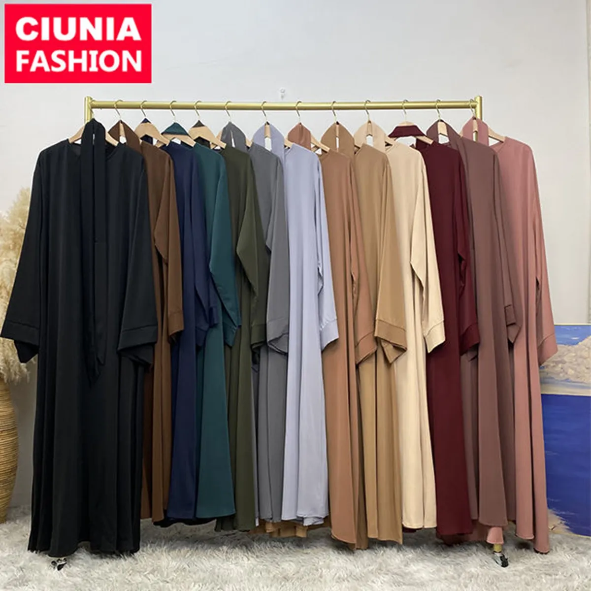 Hot Sale Eid Ramanda Dubai Turkey Solid 13 Colors Simple Modest Kaftan Islamic Clothing Abaya Women Muslim Dresses