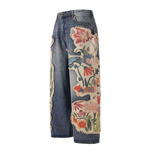 Pantalones Vaqueros Vintage Personalizados al por Mayor para Hombre, Cintura Media, Estilo Globo, Bordado Floral de Mariposas, Parche con Borlas, Pantalones Vaqueros Holgados para Hombre - Product Image 2