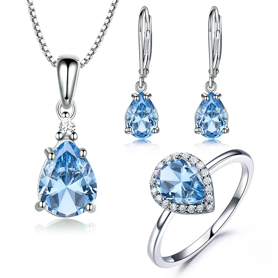 New Natural Blue Topaz Pear Ring Earrings Pendant 925 Sterling Silver WomenのJewelry Set