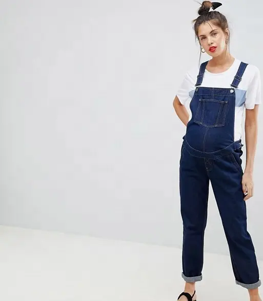 ZY Grosir Jumpsuit Jins Ibu Hamil, Jumpsuit Jins Ibu Hamil Motif Kancing Keseluruhan, Baju Jins Modis untuk Wanita Hamil