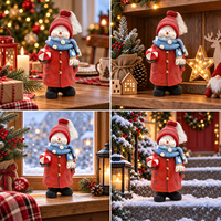 Figurine de bonhomme de neige en résine, tenant une boule à rayures rouges, debout avec un écharpe bleue, pour la décoration de fête d'hiver, mignonne