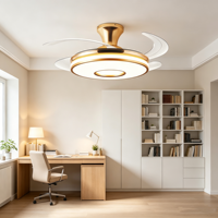 Ventilateur de plafond rétractable à double anneau doré avec éclairage LED, 3 couleurs dimmables, silencieux, pour usage domestique, télécommande