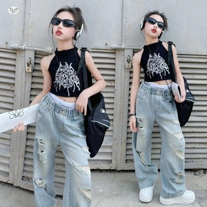 กางเกงยีนส์เดนิมขากว้างสำหรับเด็กผู้หญิงสไตล์อเมริกันวินเทจประดับเพชรพลอยน้ำหนักเบาสำหรับวัยรุ่นและเด็กโต - Product Image 2