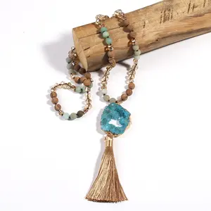 Necklace Bead Fashion Boho Jewelry Women Gift Natural Stone Crystal Glass Beads Tassel Necklace Irregular Druzy Drop Pendant Necklace