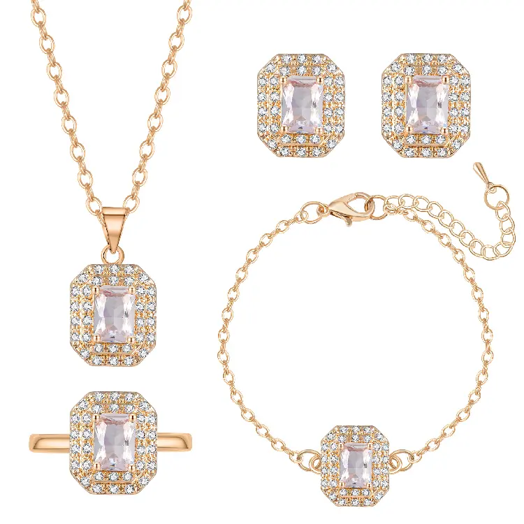 Bling White Cubic Zirconia Round Wholesale Arabic 4 PCS Luxury Gold Full Wedding Jewelry Sets
