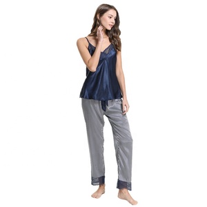 OEM New Design Women Lace Sleepwear Two Piece Sleeveless Satin Striped <strong>Slip</strong> With Long Pant Designers Pajamas Sets - Product Image 3