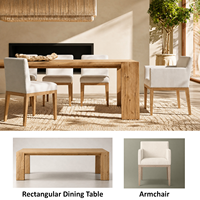 Ensemble de salle à manger rectangulaire en chêne rustique Wabi-Sabi avec pieds robustes et chaises en lin pour hôtels de charme et résidences