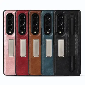 Luxury Crazy Horse Texture Kickstand Holder Back Cover Shockproof Business Phone Case For Samsung Galaxy Z Fold 3 S Pen Case