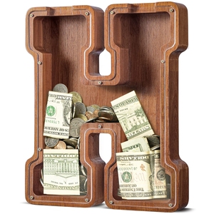Letter Piggy Bank Wooden Coin Money Saving Box Name Large Wooden Piggy Bank A-Z Alphabets Initial on Clear Cover