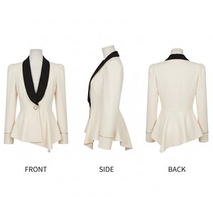 Blazer asymétrique blanc et noir élégant avec revers châle contrastant, passepoil doré, bouton décoratif, haut de gamme, pour <span class=keywords><strong>femme</strong></span> de bureau, personnalisable OEM/ODM - Product Image 3