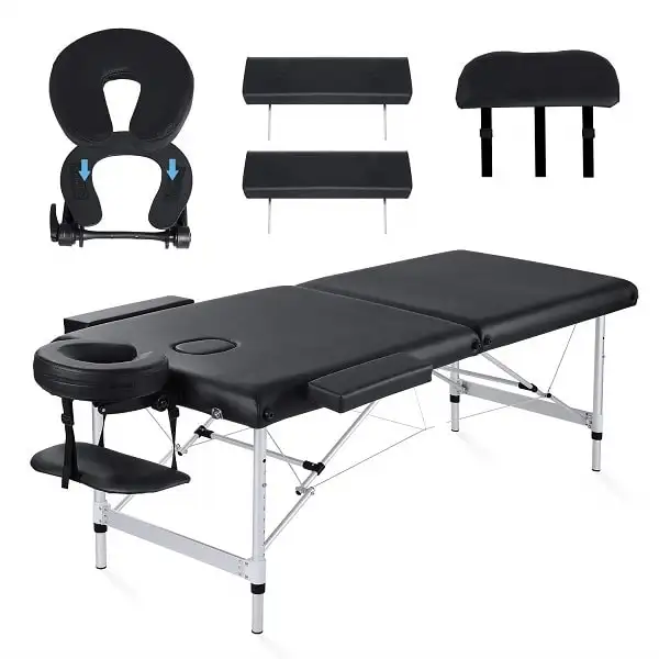 Aluminium Frame Massage Table Portable Massage Bed Lightweight Height Adjustable Salon Spa Bed 2 Section Folding Black 300kg