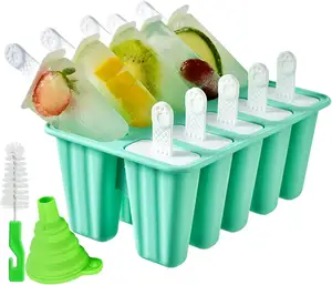 Cetakan es krim buatan rumah, pembuat es loli bentuk silikon beku, bebas BPA, resep corong dan es Pop, 10 rongga