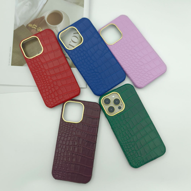 Luxury Crocodile Cover Metal Gold Edge Slim Leather Skin Protective Cover case for iphone 14 13 Pro Max XS 7 8