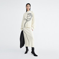 Ensemble deux pièces en tricot 100% pure laine avec applique de rose 3D faite à la main, pull et jupe midi pour femme, tenue élégante en tricot français