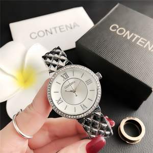 Women Gold Full Rhinestone Stainless Steel <b>Leather</b> Watch Roman Numeral Dial Quilted <b>Bracelet</b> Luxury Fashion - Product Image 3
