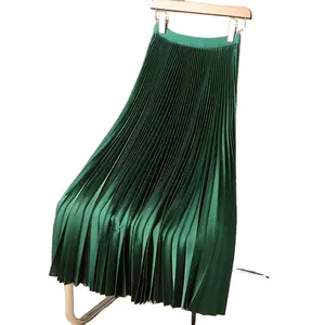 High End Plus Size Green Night Dress Elastic Waist Mid Length Party Skirt Vintage Solid Color Pleated Satin Skirts For Women