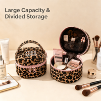 Pochette de maquillage personnalisée avec logo, imprimé léopard, sac de voyage pour cosmétiques, organiseur de cosmétiques portable pour femmes avec poignée supérieure