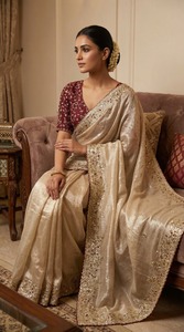 Sari de Satén de Diseño Fandy con Bordado de Lentejuelas de 3mm, Blusa con Costuras Completas en Contraste para Mujer, Ideal para Fiestas y Eventos Tradicionales - Product Image 3
