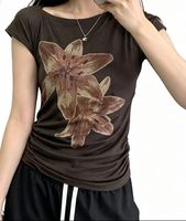 T-shirt ajusté vintage Y2K pour femme, avec applique florale en strass et maille, manches courtes, froncé sur les côtés, coupe slim, haut décontracté et tendance pour femme