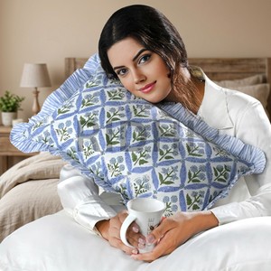 Ridhi 12x20 Coastal Blue Ruffle Floral Western Style Lumbar <b>Pillow</b> Cover Set Hand Block Print Cotton Custom Size Removable - Product Image 2