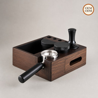 Station de tassage à café en noyer avec boîte de retrait des résidus, support pour porte-filtres 51/53/58 mm et organisateur d'outils à expresso