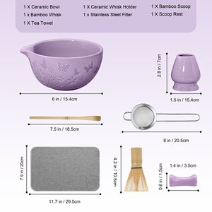 Ensemble de thé matcha traditionnel japonais de haute qualité, 7 pièces, bol gravé, fouet en bambou, motif papillon, céramique matcha - Product Image 2