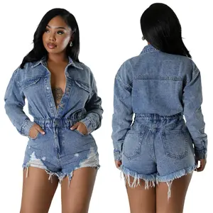 sexy new spring women's denim jumpsuits ripped hollow out tassel loose washed jumpsuit jeans one piece romper women